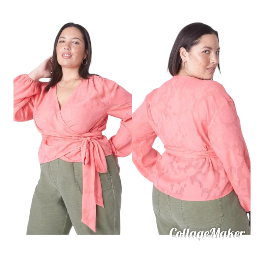 Lane Bryant Plus Size Women's Coral Classic Wrap  Floral Crop Top Blouse Size 24